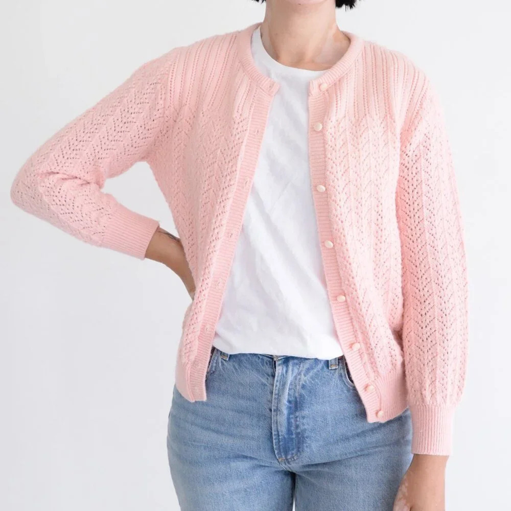 Vintage It's Pure Gold Baby Pink Solid Button Front RibbedcFine Knit Cardigan S